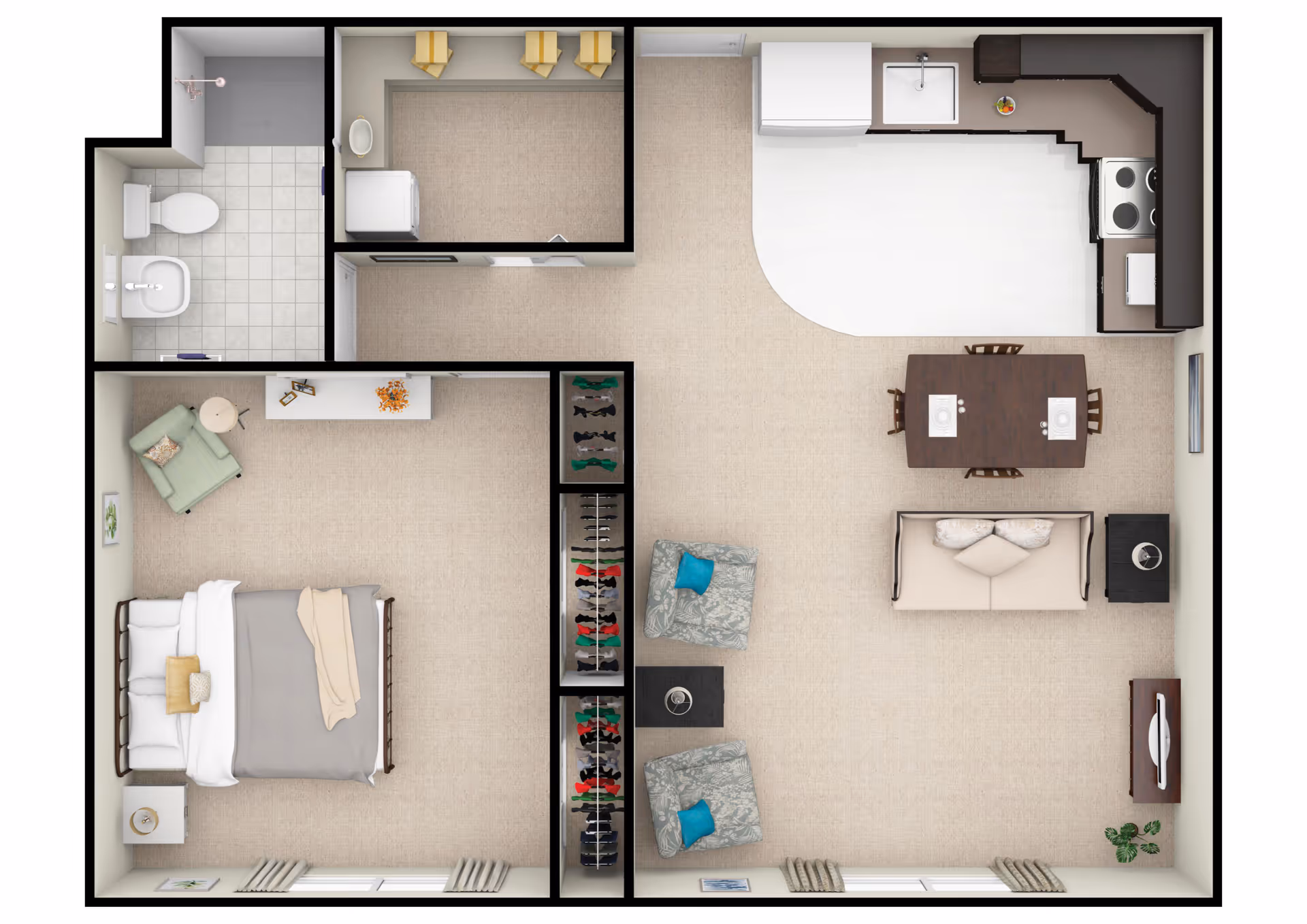 Top-down view of a senior living apartment floor plan showing a bedroom with a bed, armchair, and nightstand; a bathroom with a toilet and sink; a laundry area with washer and dryer; a kitchen with appliances and a dining table with four chairs; and a living area with two armchairs, a sofa, side tables, a TV stand, and a plant.