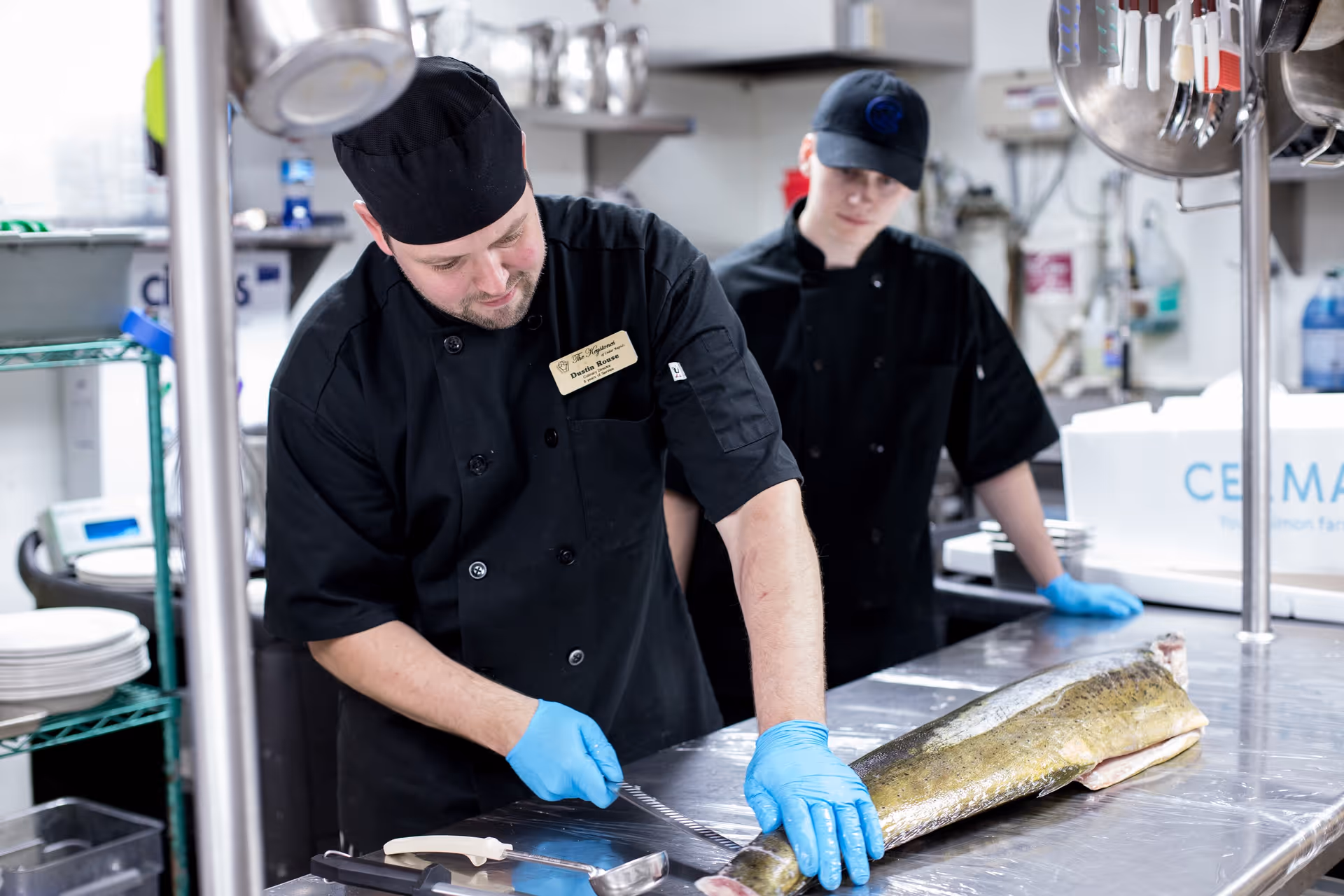 Two chefs in black uniforms and blue gloves preparing a large fish on a stainless steel table in a commercial kitchen.