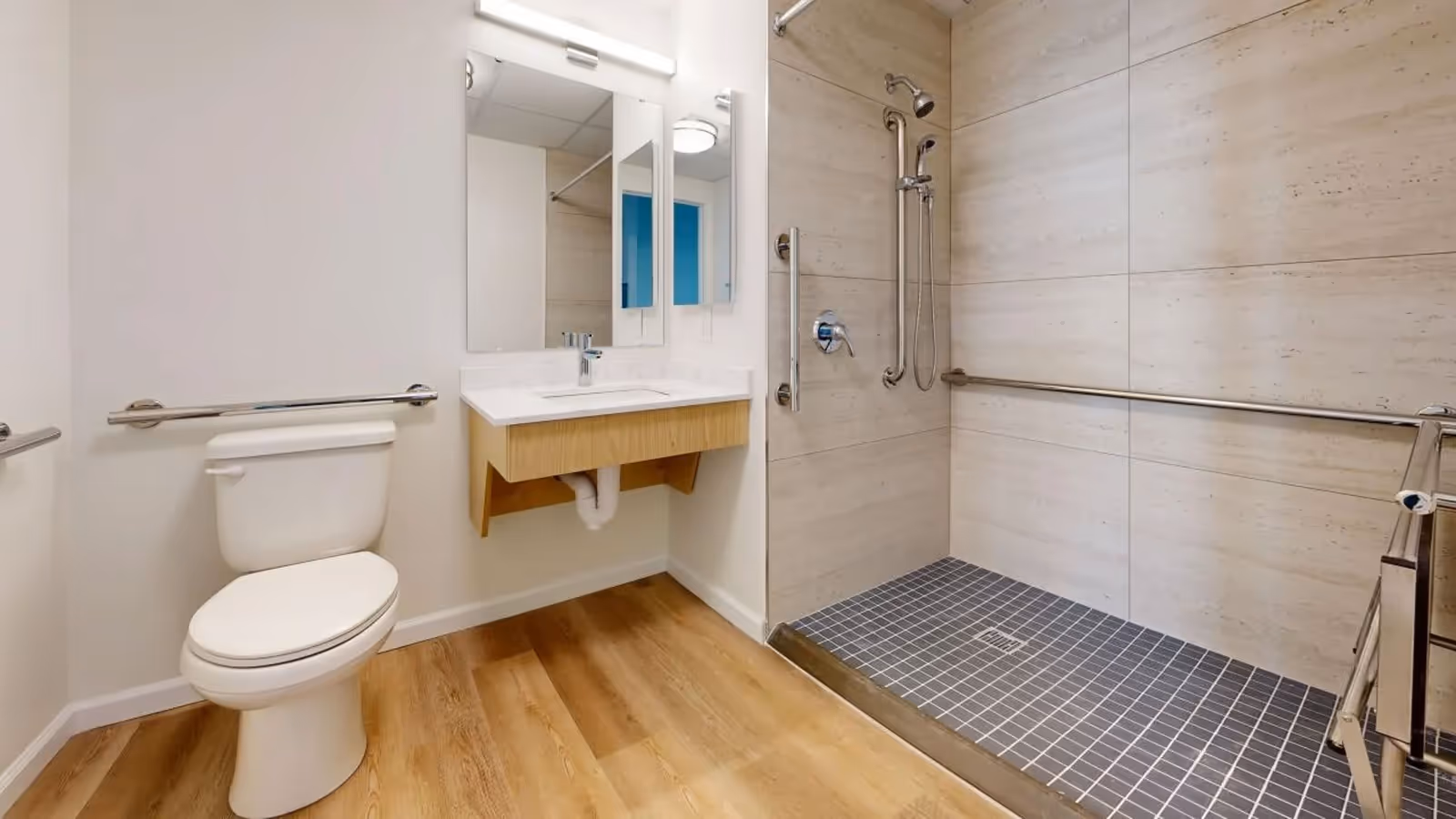 Accessible bathroom with a toilet, wall-mounted sink under a mirror, grab bars, and a roll-in tiled shower with handheld showerhead.