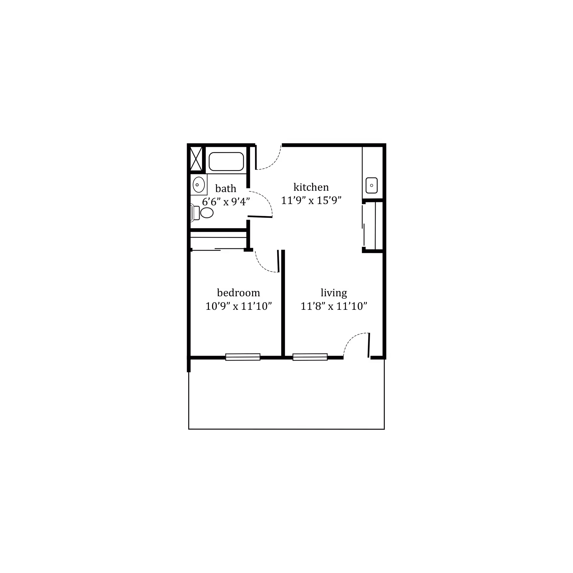 Faint white architectural floor plan on a black background showing two main rooms and a small bathroom.