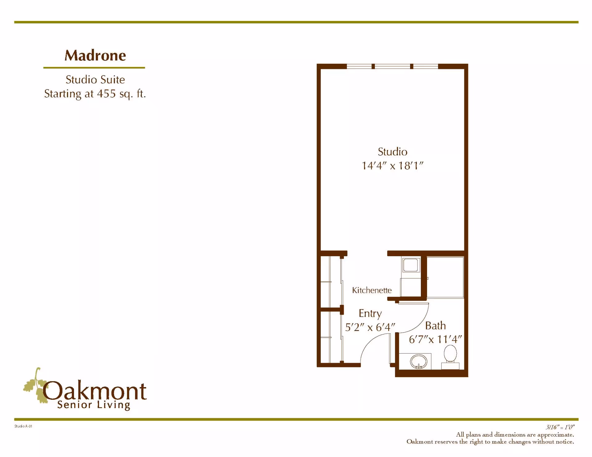Floor plan layout of the Madrone studio suite at Oakmont Senior Living, showing a studio area measuring 14 feet 4 inches by 18 feet 1 inch, an entry area measuring 5 feet 2 inches by 6 feet 4 inches, a kitchenette, and a bathroom measuring 6 feet 7 inches by 11 feet 4 inches.