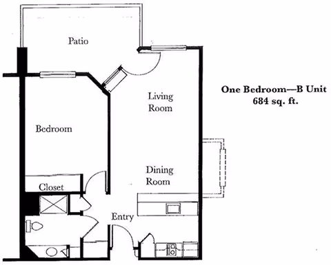 Floor plan of a one-bedroom B unit apartment with 684 square feet, showing a bedroom with closet, bathroom, entry, kitchen, dining room, living room, and a patio.