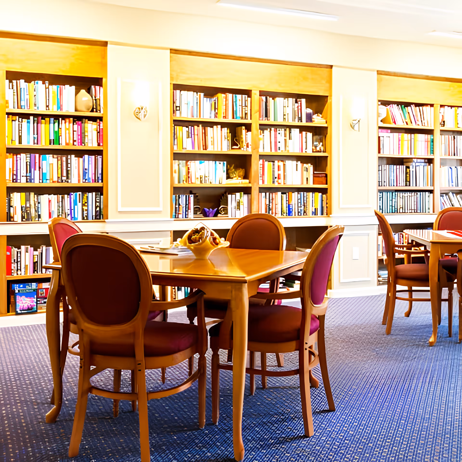 A cozy library or reading room with wooden bookshelves filled with books along the wall. In the foreground, there are wooden tables with red cushioned chairs arranged around them. The room has a blue carpet and soft lighting from wall sconces.
