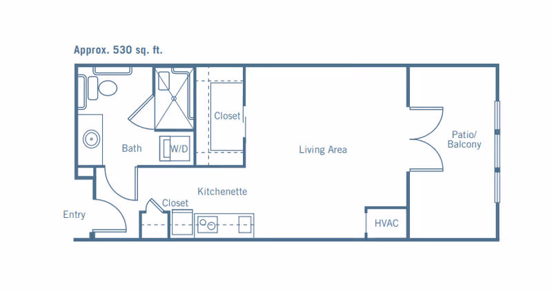Floor plan of a 530 square foot studio apartment featuring an entryway leading to a kitchenette with closets, a bathroom with a shower, toilet, and sink, a living area, a closet with washer/dryer, HVAC, and a patio or balcony.