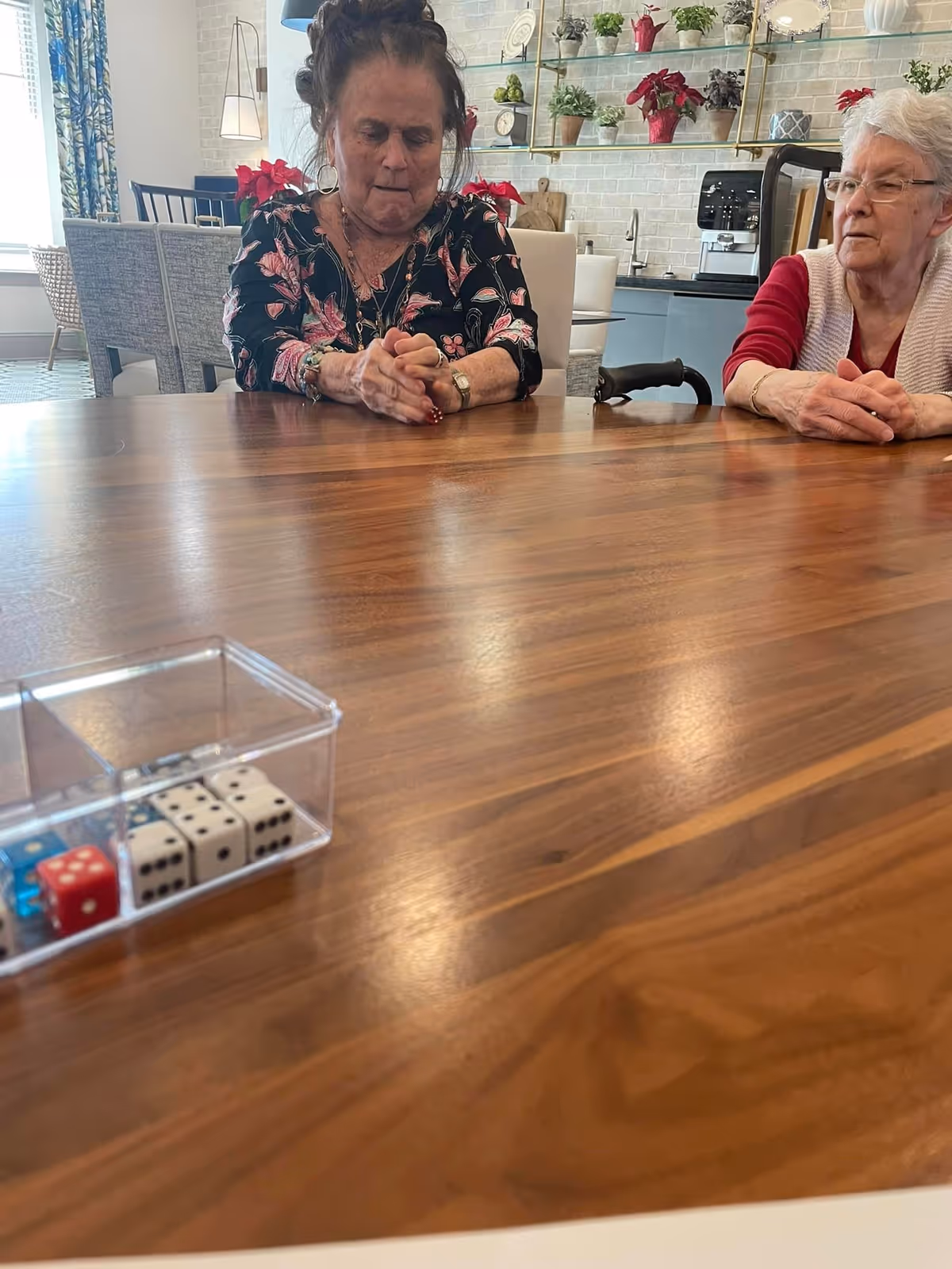 Two elderly women sitting at a wooden table in a well-lit room with shelves holding plants and decorative items in the background. A clear plastic container with dice is on the table in the foreground.