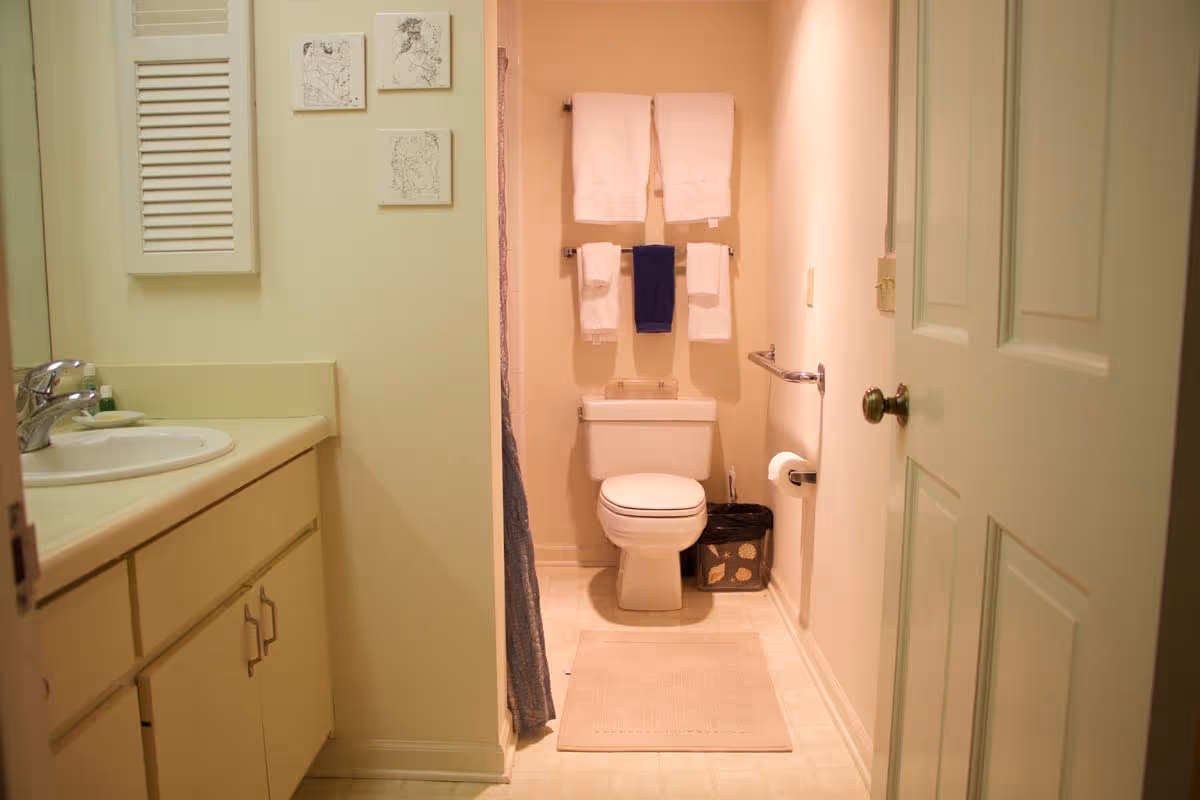 A small bathroom with a white toilet, a beige bath mat on the floor, and several towels hanging on racks above the toilet. To the left is a sink with a countertop and a mirror above it. The walls are light-colored, and there are three small framed artworks on the wall near the sink.