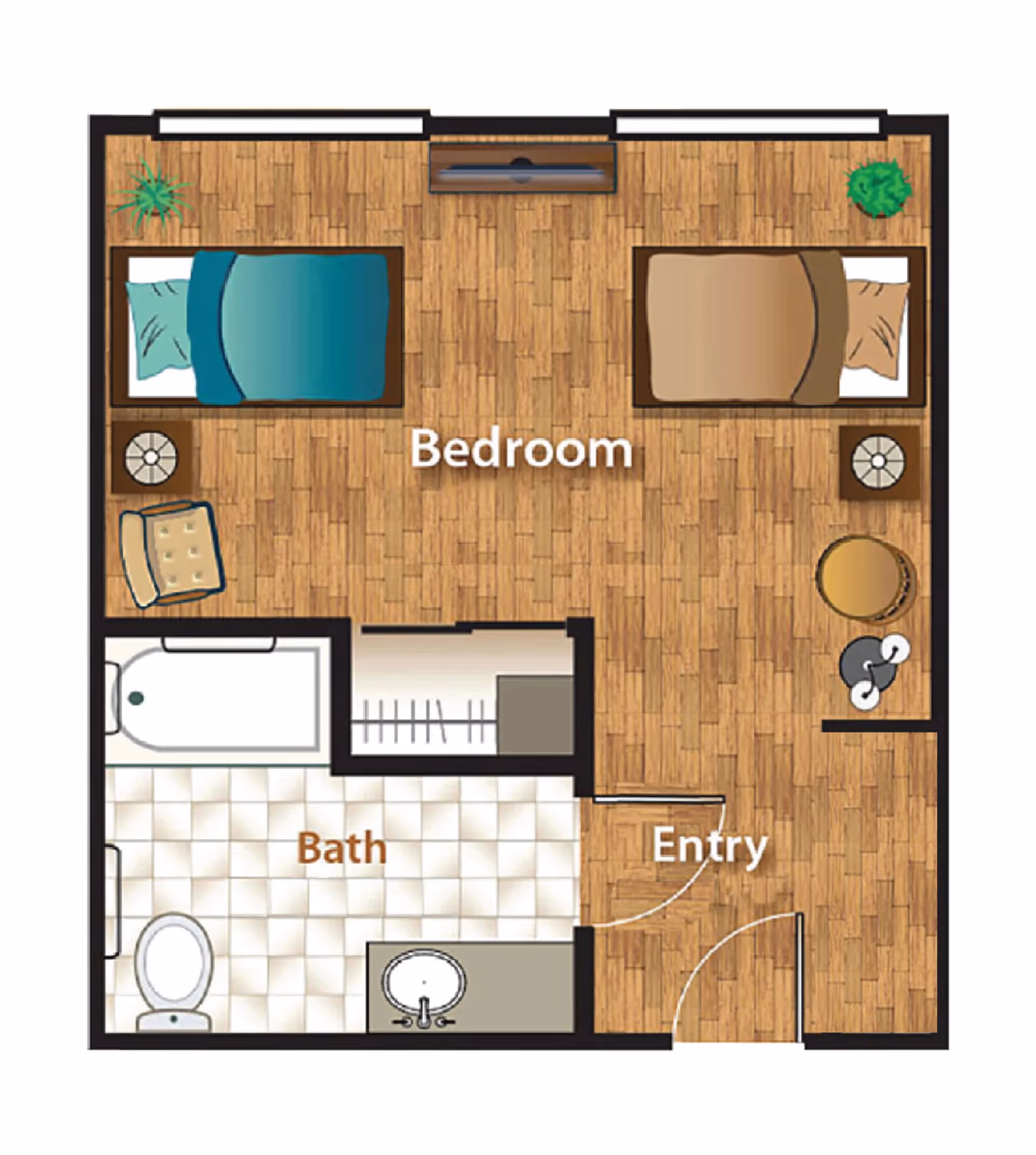 Floor plan of a memory care unit showing a bedroom with two beds, two nightstands, a chair, a TV, and two plants. The bedroom connects to a bathroom with a bathtub, toilet, and sink. There is an entry area leading into the bedroom.
