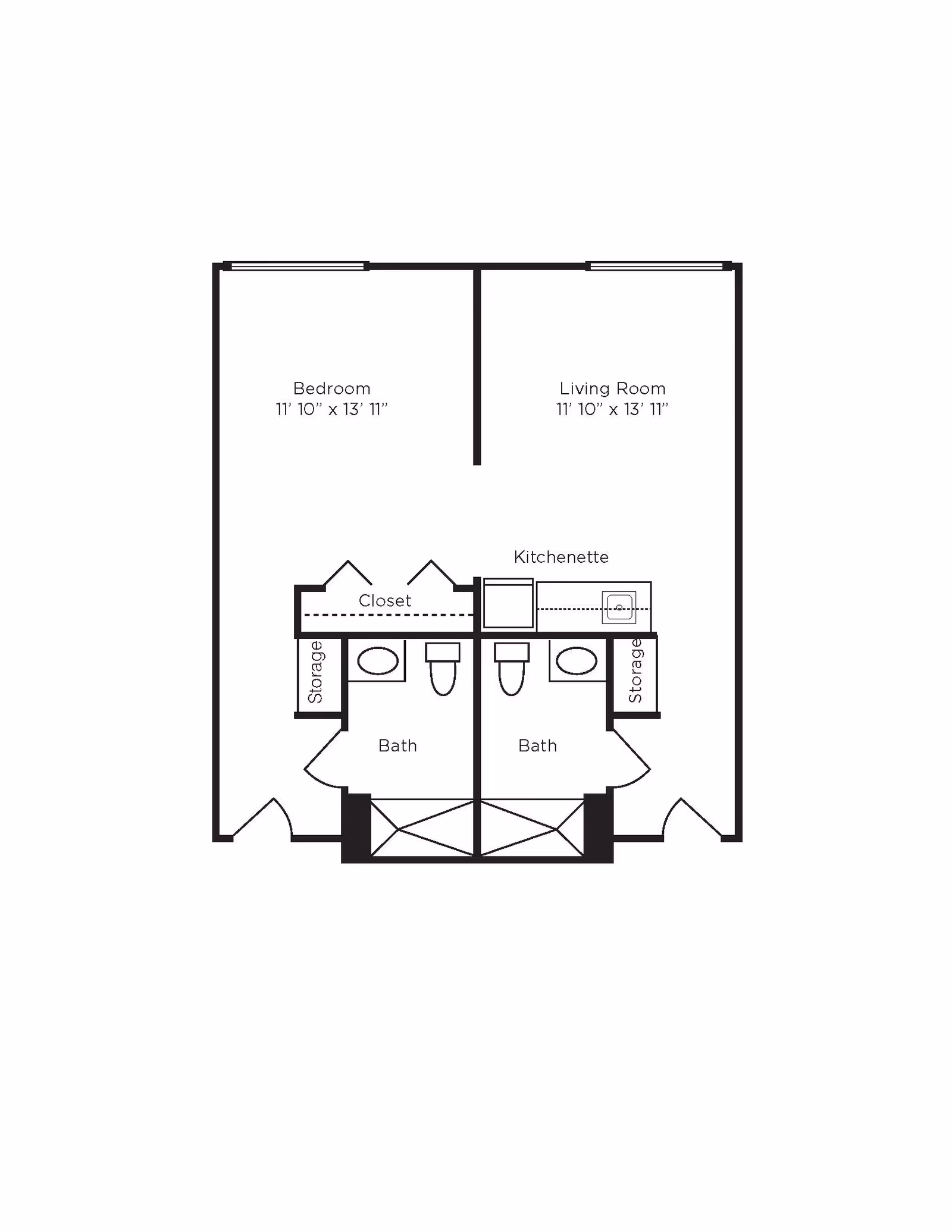 Floor plan showing a layout with a bedroom measuring 11 feet 10 inches by 13 feet 11 inches, a living room of the same size, a kitchenette, two bathrooms each with a toilet and sink, closets, and storage areas.