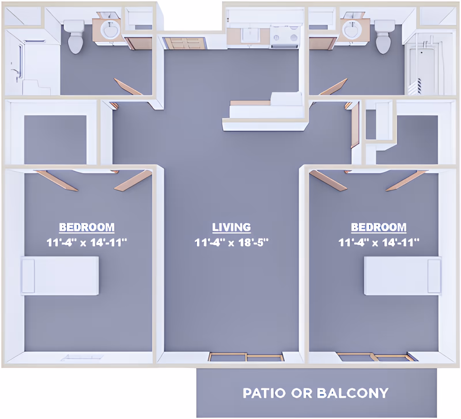 3D floor plan of an apartment with two bedrooms, two bathrooms, a living area, a kitchen, and a patio or balcony. Each bedroom measures 11 feet 4 inches by 14 feet 11 inches, and the living area measures 11 feet 4 inches by 18 feet 5 inches. The layout shows the placement of doors, windows, and fixtures in the bathrooms and kitchen.