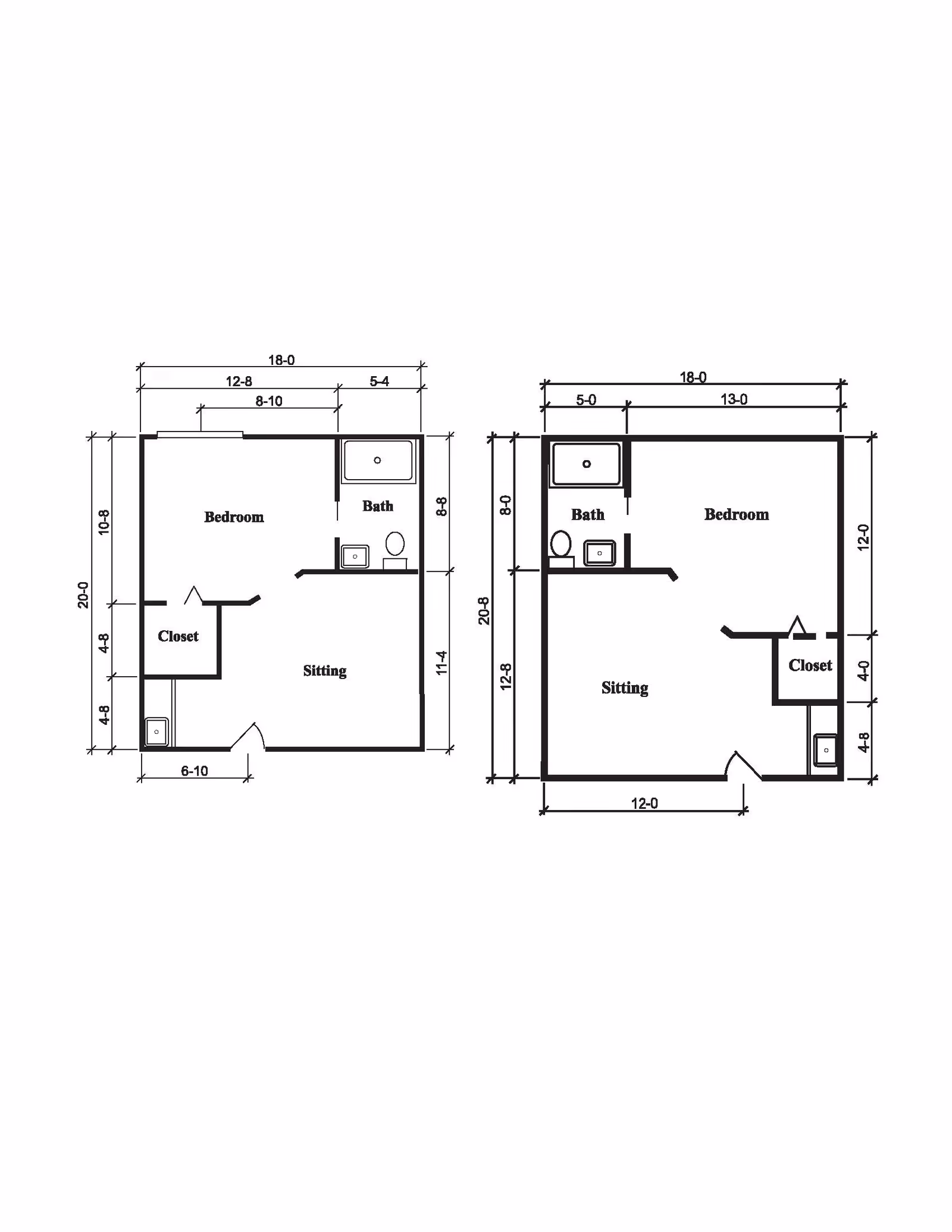 Architectural floor plan showing two apartment layouts, each with a bedroom, sitting area, bathroom, and closet. Dimensions are marked around each room.