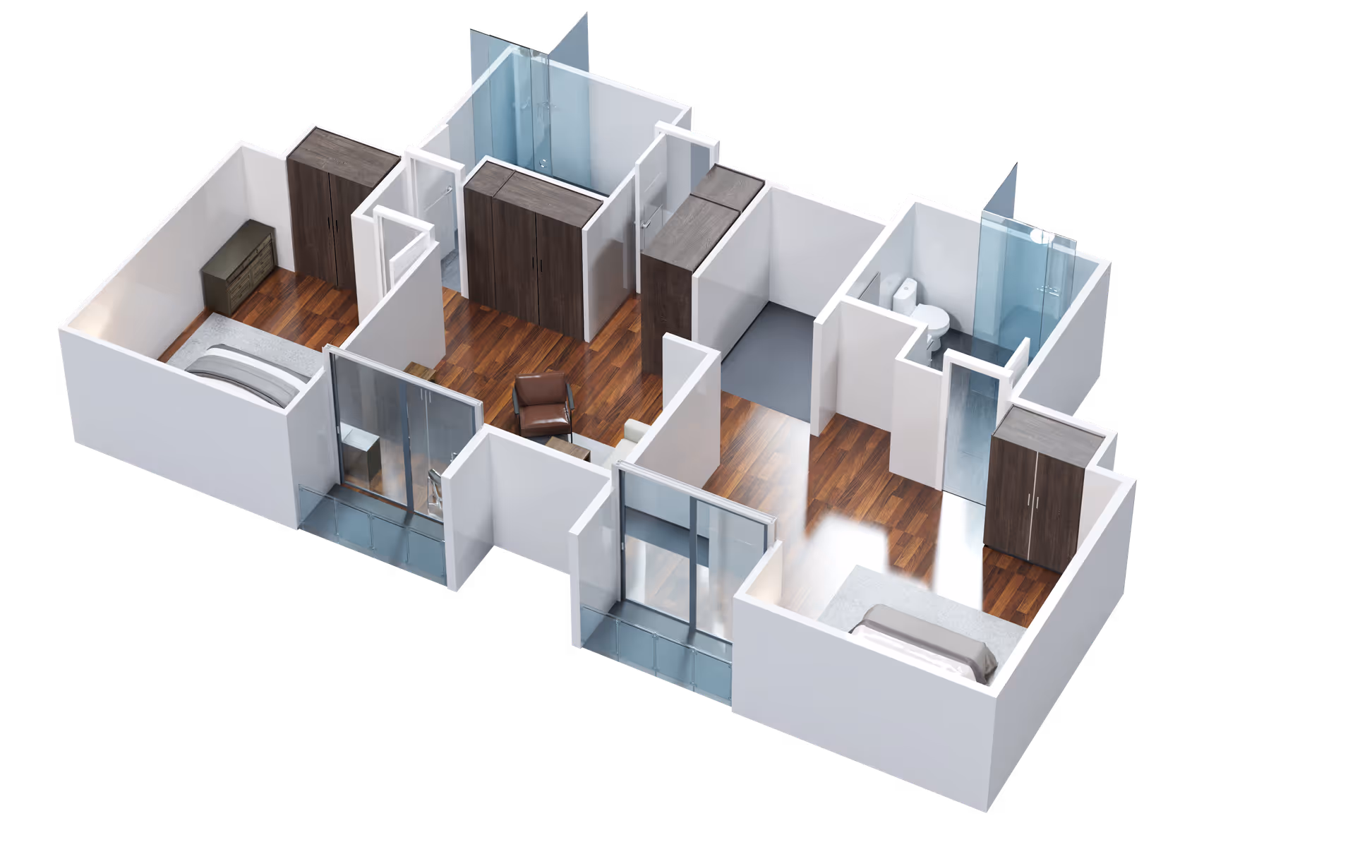 3D rendered floor plan of a two-bedroom apartment showing bedrooms, bathrooms, closets, wood flooring and sliding glass doors.