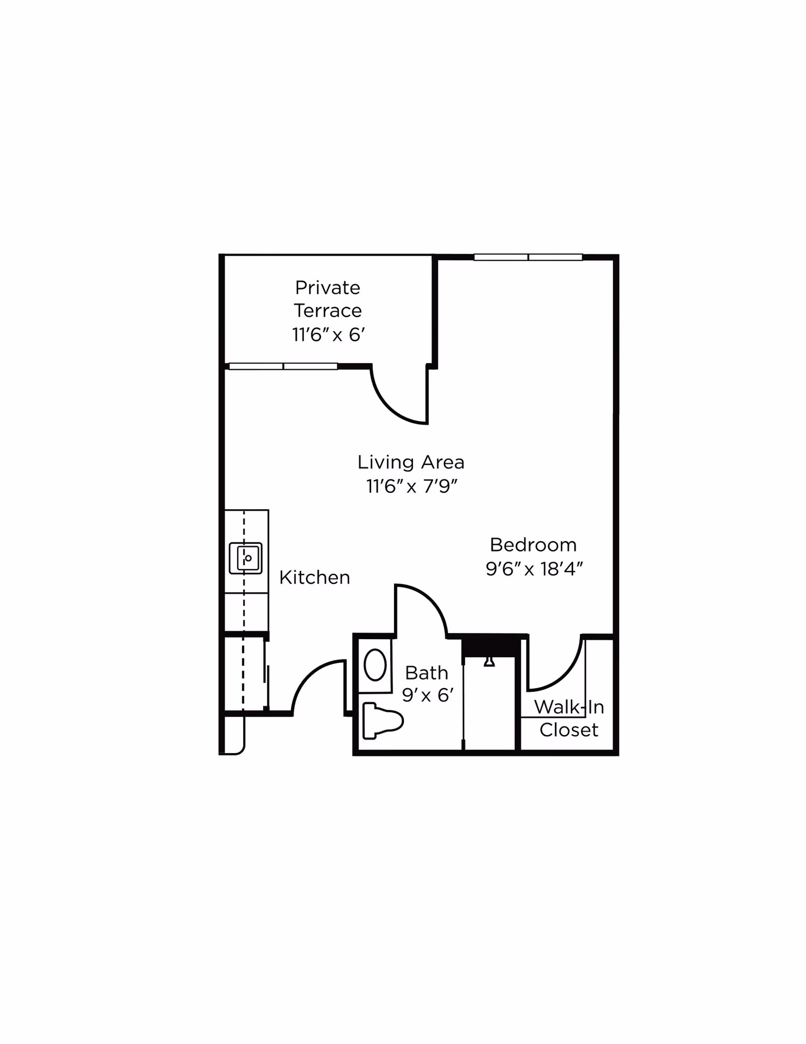 Floor plan of a living space at Brookdale Canyon Lakes showing a private terrace, living area, kitchen, bedroom, bathroom, and walk-in closet with dimensions.