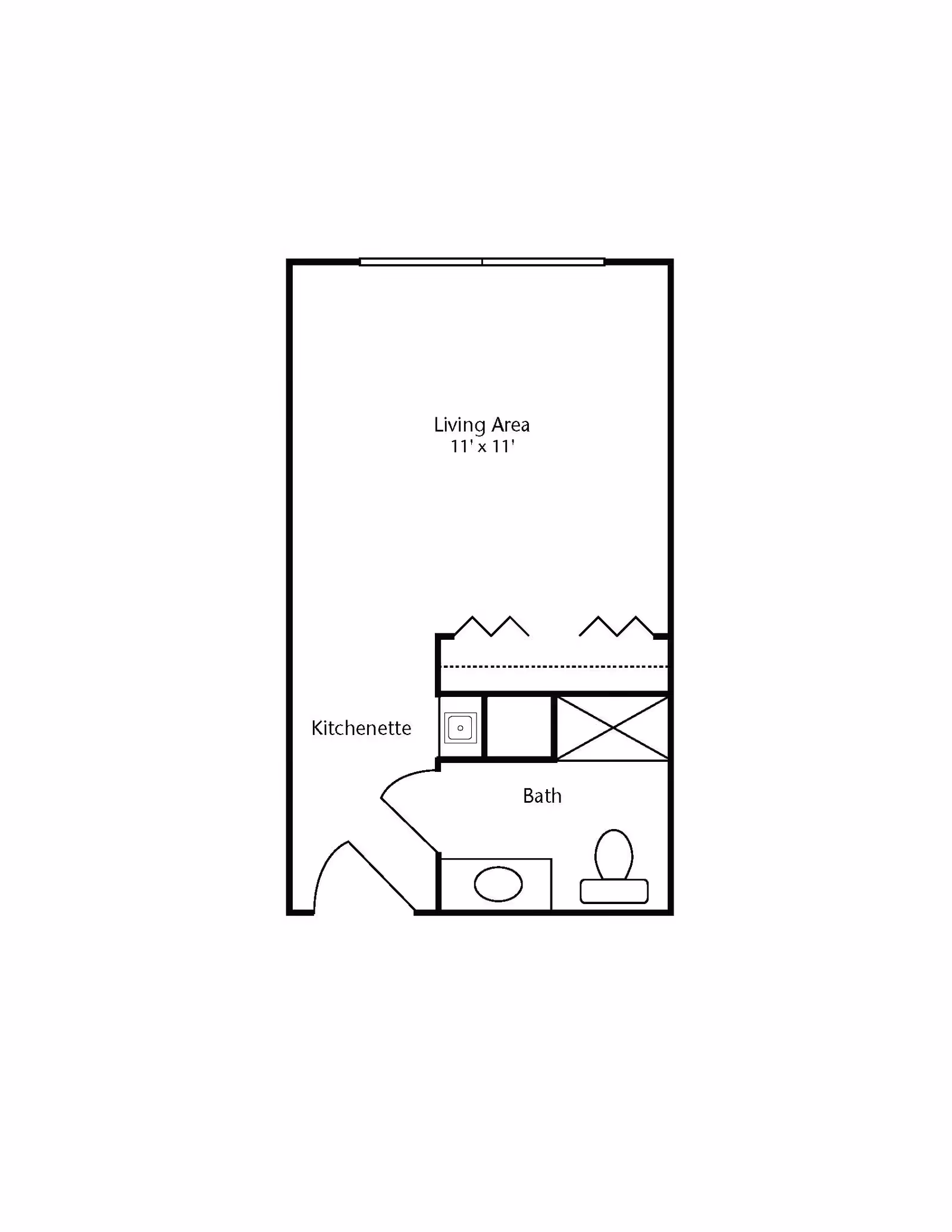 Floor plan of a small living space at Brookdale Middleton Century Ave showing a living area measuring 11 feet by 11 feet, a kitchenette, and a bathroom with a toilet and sink.