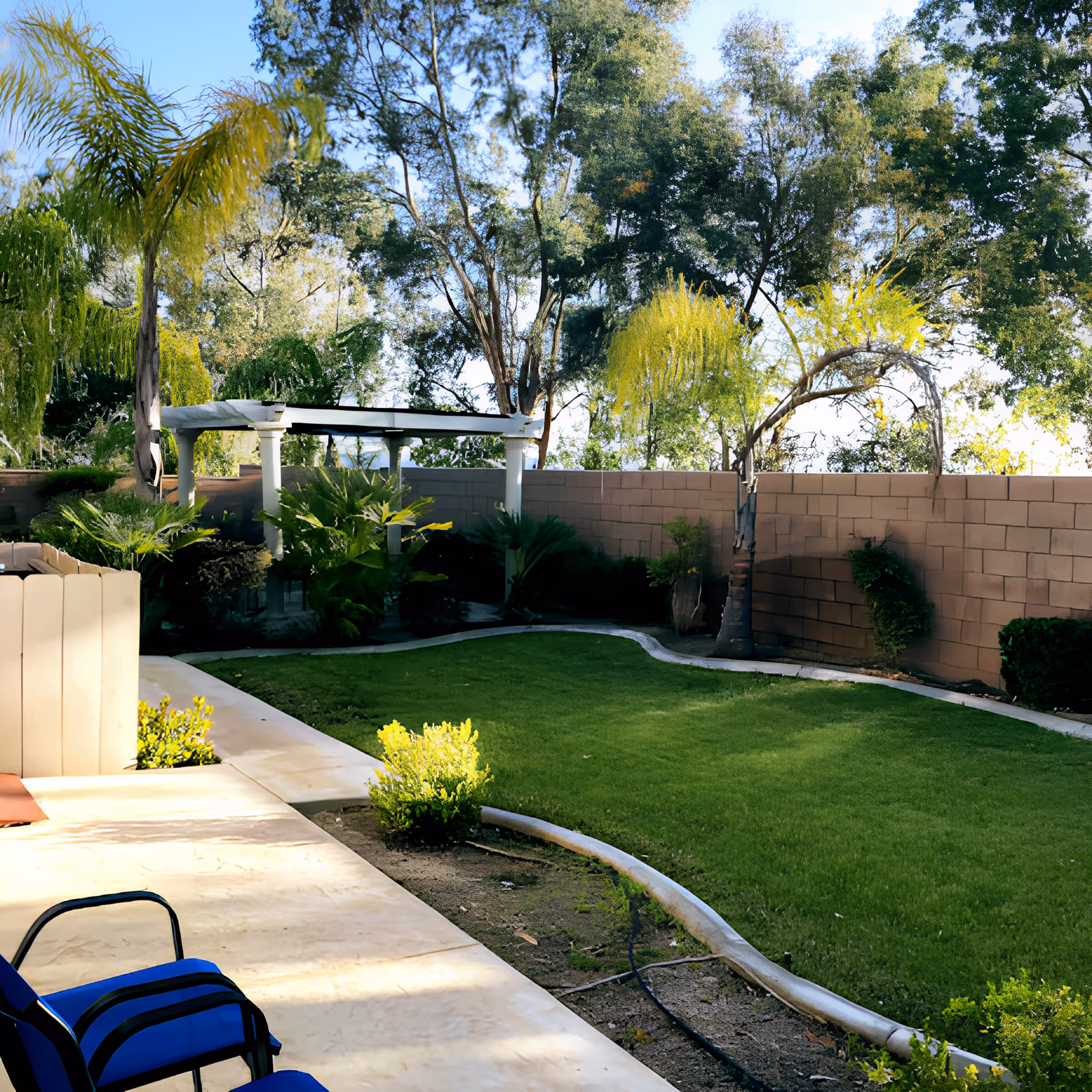 Sunny backyard with a green lawn, patio chairs, a pergola, and trees along a brick wall.