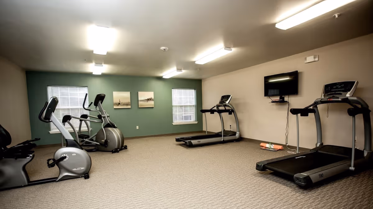 A fitness room with exercise equipment including two treadmills, two elliptical machines, and a stationary bike. The room has beige carpet, beige and green walls, two windows with blinds, two framed pictures on the green wall, and a wall-mounted TV.