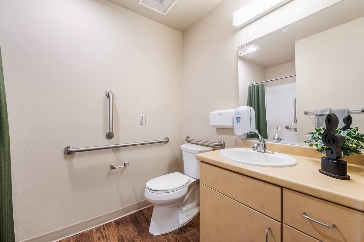 A clean and accessible bathroom with beige walls and wood-look flooring. The bathroom features a white toilet with grab bars on the wall behind and beside it. There is a beige countertop with a white sink, a faucet, and a soap dispenser mounted on the wall. A large mirror is above the sink, and a small decorative plant with musical note sculptures is on the countertop. A green shower curtain is partially visible in the reflection of the mirror.