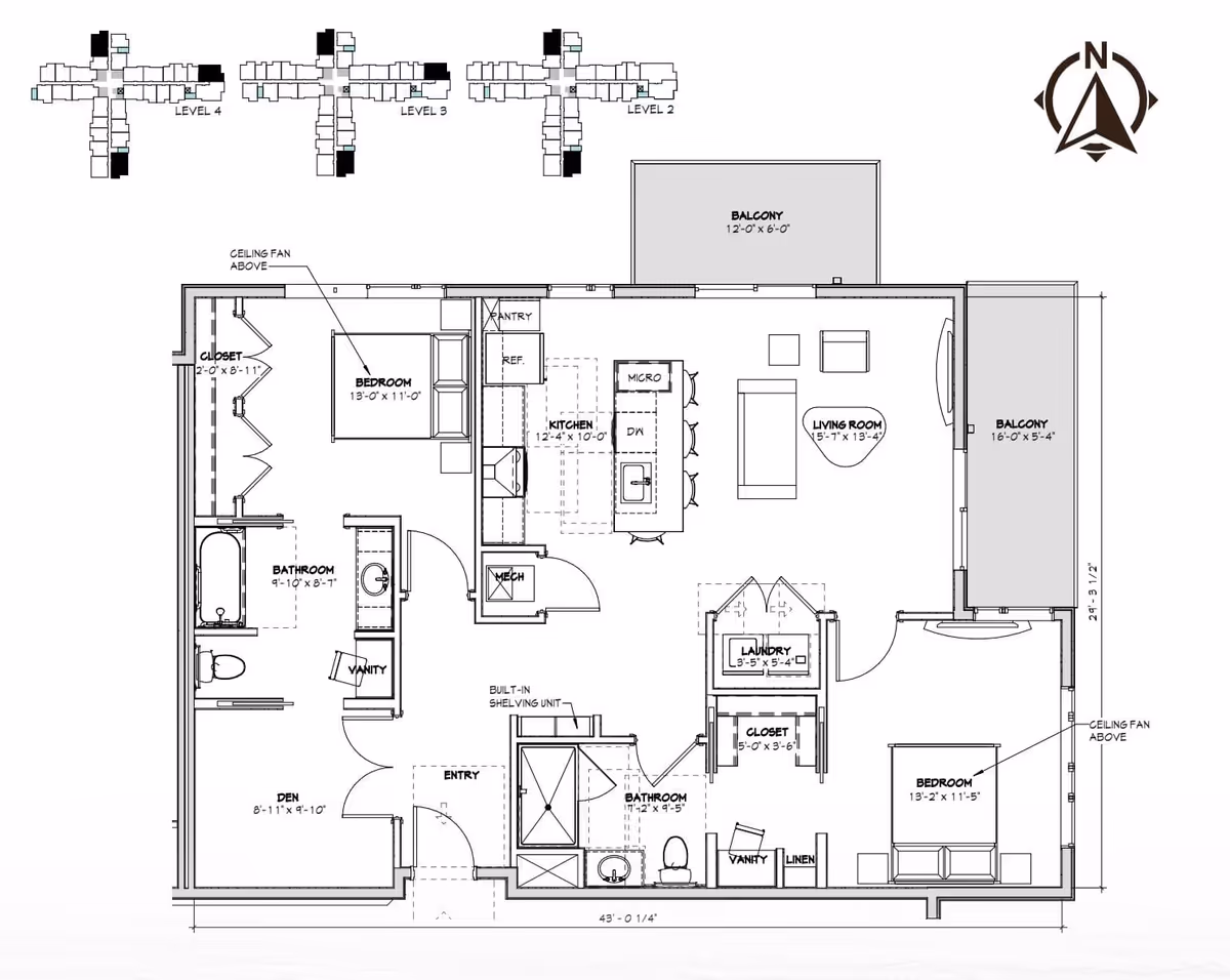 Architectural floor plan of a residential unit at Walnut Trace showing two bedrooms, two bathrooms, a den, kitchen, living room, laundry area, closets, and two balconies. The layout includes measurements for each room and indicates ceiling fans above the bedrooms.
