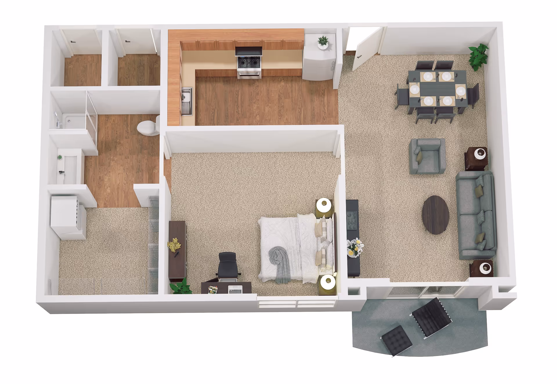 3D floor plan of a senior independent living apartment featuring a bedroom with a bed, nightstands, and a desk; a living room with a sofa, armchair, coffee table, and dining table with six chairs; a kitchen with appliances and cabinetry; a bathroom with a shower, toilet, and sink; and a small outdoor patio with two chairs and a table.