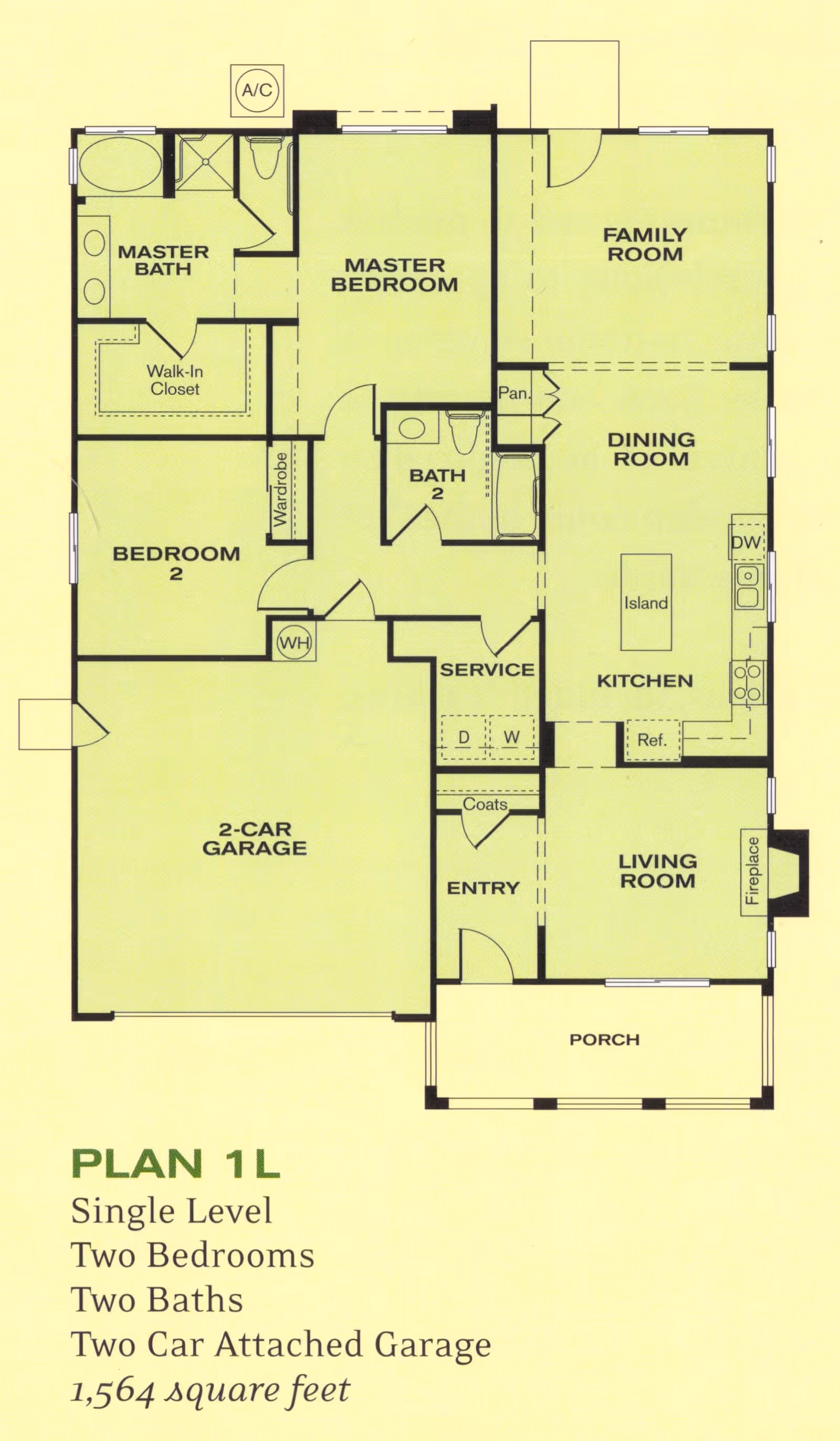 Architectural floor plan of a single-level home with two bedrooms, two bathrooms, a two-car attached garage, family room, dining room, kitchen with island, living room with fireplace, porch, and entry area.