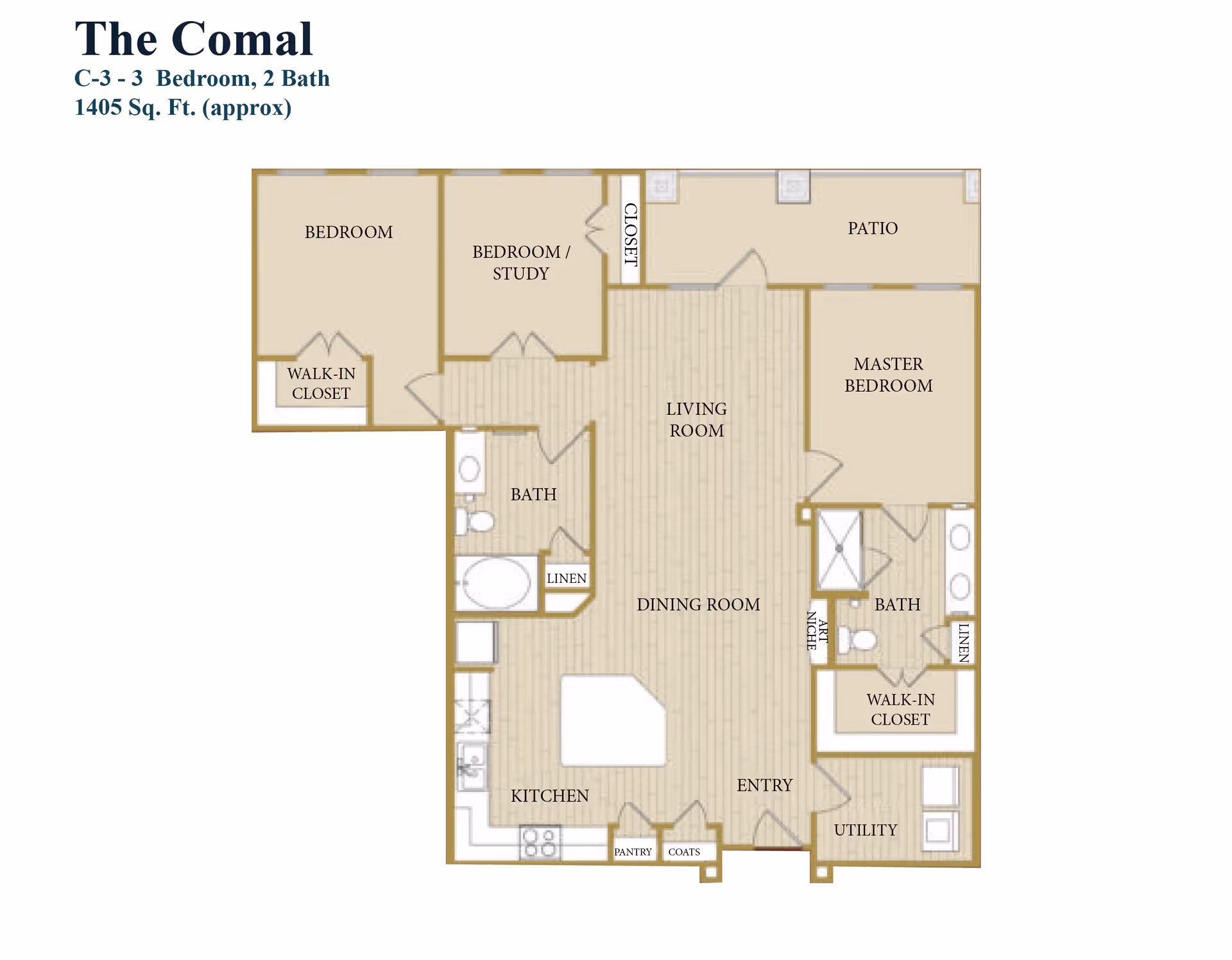 Floor plan of The Comal, a 3 bedroom, 2 bath apartment with approximately 1405 square feet. It includes a master bedroom with walk-in closet and bath, a second bedroom with walk-in closet, a bedroom/study, two bathrooms, a kitchen with pantry, a dining room, a living room, an entry area with coat closet, a utility room, and a patio.