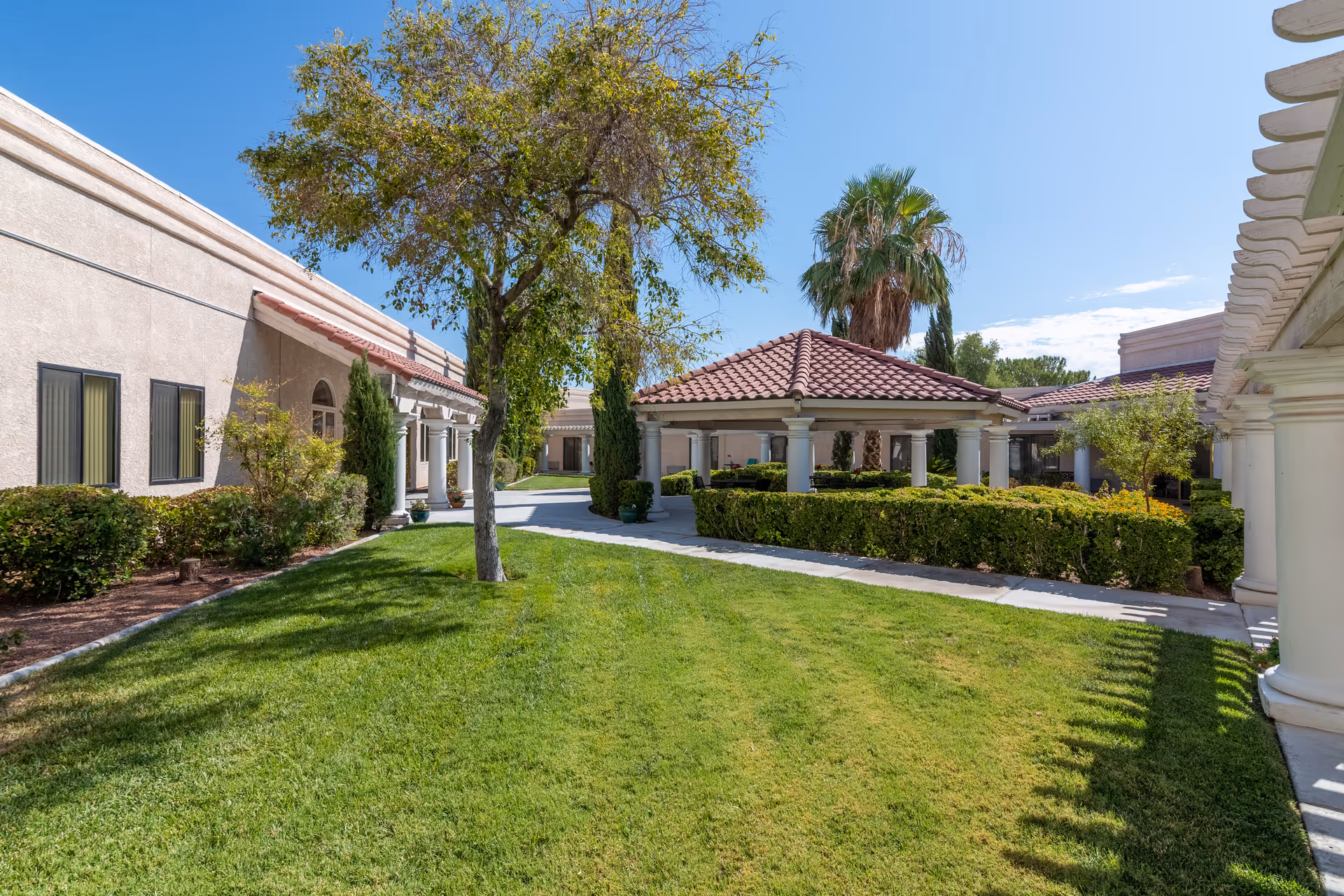 Outdoor courtyard area at Oasis Nursing & Rehab of Green Valley featuring a well-maintained green lawn, trees, shrubs, and a covered walkway with columns under a clear blue sky.