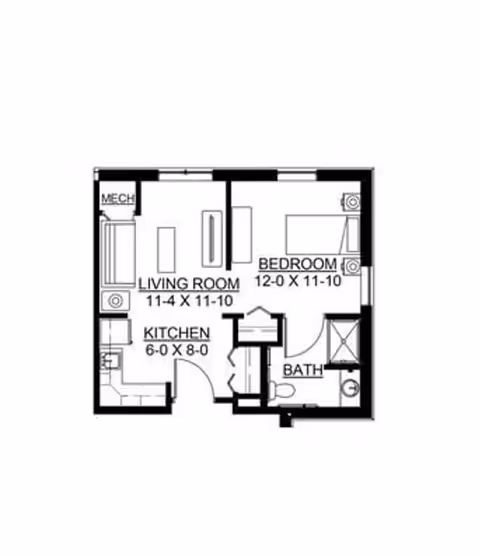 Architectural floor plan of a small apartment unit showing a living room, kitchen, bedroom, bathroom, and mechanical room with dimensions labeled.