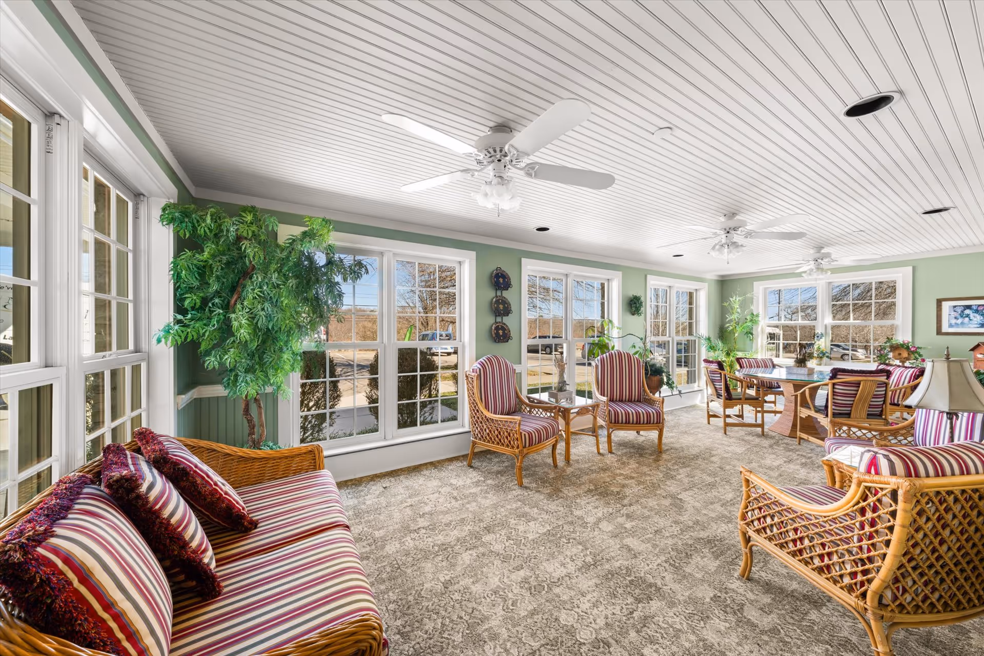 A bright and spacious sunroom with large windows allowing natural light to fill the room. The room features wicker furniture with red and white striped cushions, including sofas, armchairs, and a dining table with chairs. There are several green plants placed around the room, light green walls, a white paneled ceiling with ceiling fans, and a patterned carpeted floor.