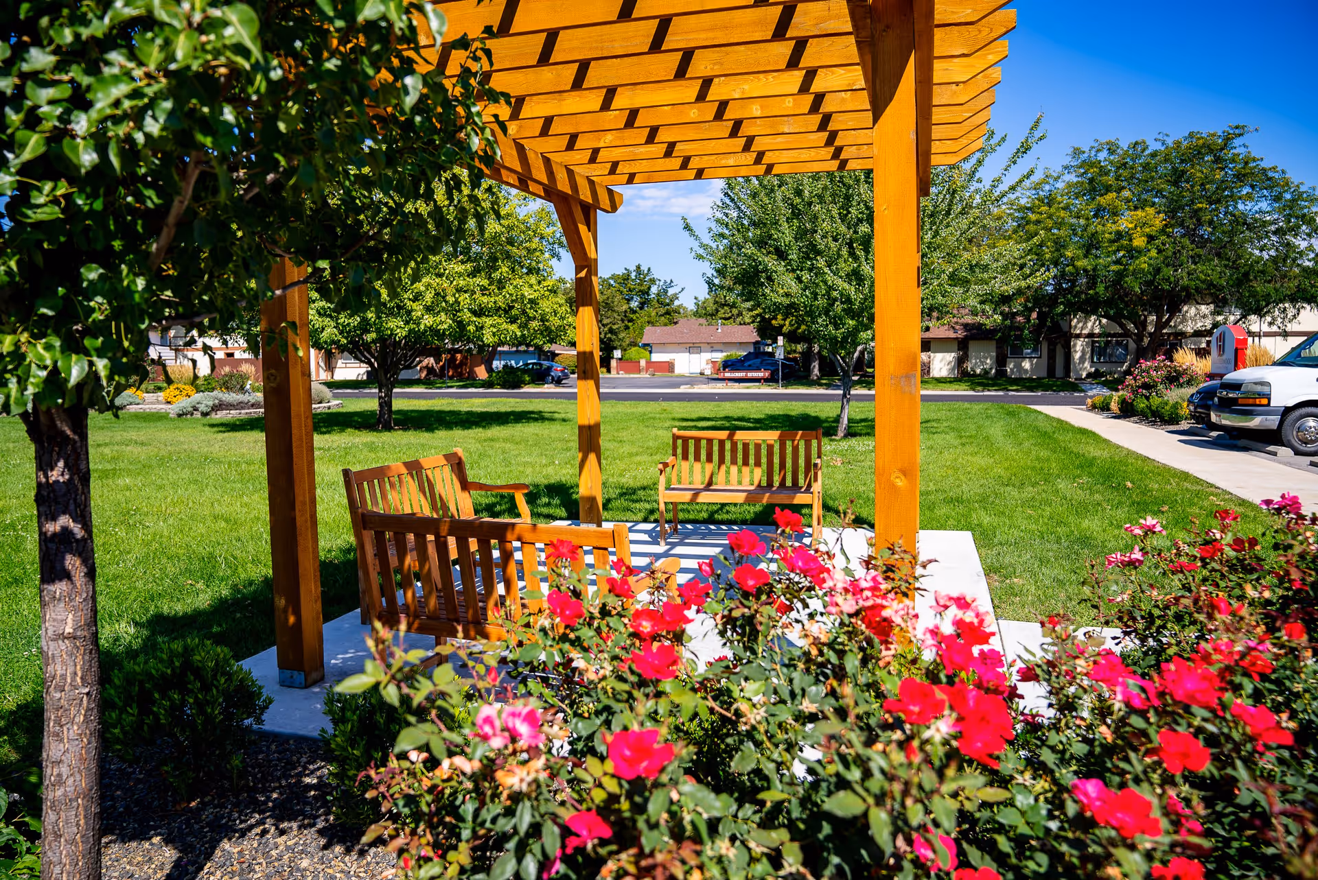 A wooden pergola with benches underneath situated in a well-maintained garden area with green grass, trees, and blooming red flowers. A paved walkway and parked vehicles are visible in the background under a clear blue sky.