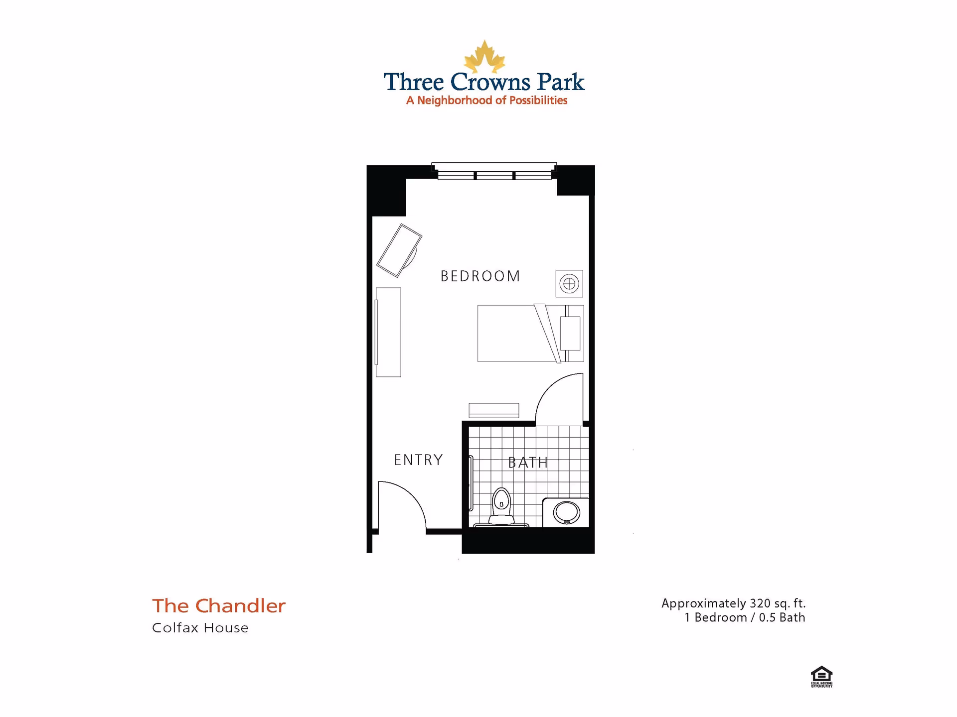Black-and-white floor plan titled 'The Chandler' for Three Crowns Park showing a one-bedroom layout with an entry and a half-bath.