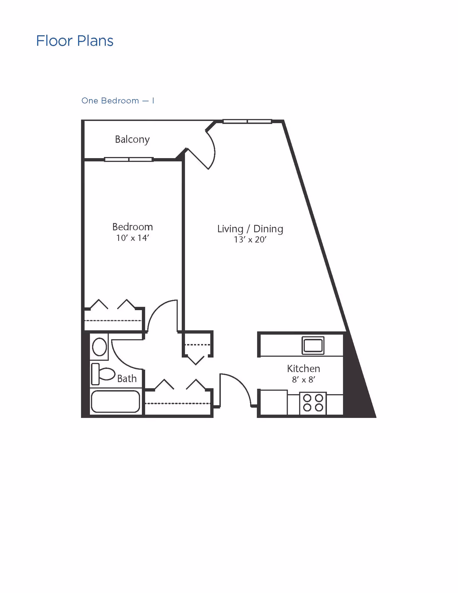 Floor plan of a one-bedroom apartment at Brookdale Quincy Bay, showing a bedroom measuring 10 by 14 feet, a living/dining area measuring 13 by 20 feet, a kitchen measuring 8 by 8 feet, a bathroom, and a balcony.