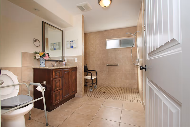 Accessible bathroom with a toilet equipped with safety rails, a wooden vanity with a sink and mirror, a shower area with a handheld showerhead, a grab bar, and a shower chair. The floor and walls are tiled, and there is a small frosted window in the shower area.