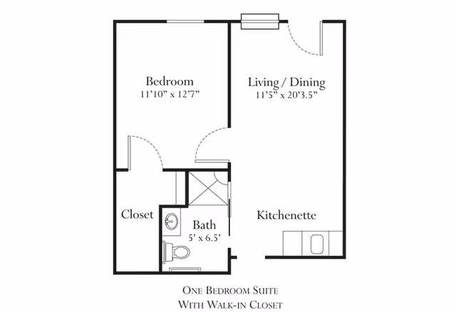 Floor plan of a one bedroom suite with a walk-in closet, showing a bedroom measuring 11'10" x 12'7", a living/dining area measuring 11'5" x 20'3.5", a kitchenette, a bathroom measuring 5' x 6.5", and a closet.