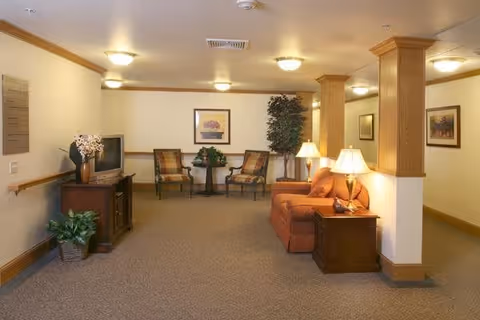 A cozy living room area with a brown sofa, wooden side table with a lamp, two armchairs with a small round table between them, a TV on a wooden stand, potted plants, framed artwork on the walls, and warm lighting from ceiling fixtures.