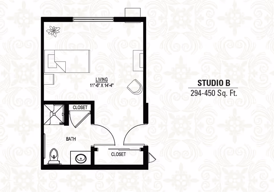 Floor plan of a studio apartment labeled Studio B with a living area measuring 11 feet 6 inches by 14 feet 4 inches, a bathroom with a shower, toilet, and sink, and two closets. The total area is 294-450 square feet.