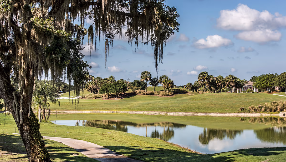 A scenic outdoor view of a golf course with a pond reflecting the blue sky and scattered clouds. The landscape features green grass, palm trees, and a large tree with hanging moss in the foreground.