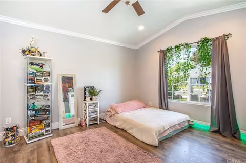 A cozy bedroom with a low bed covered in light-colored bedding and a pink pillow, a pink shaggy rug on wooden flooring, a tall mirror leaning against the wall, a small white drawer unit with a plant on top, a glass display cabinet filled with various items, and a window with gray curtains and green leafy vines hanging around it. The ceiling has a fan and recessed lighting.