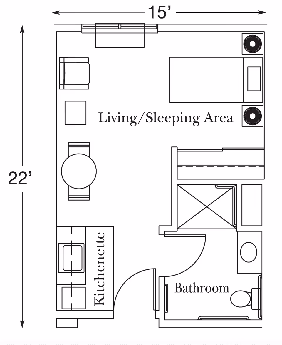 Floor plan of a living and sleeping area with a kitchenette and a bathroom. The room measures 15 feet by 22 feet. The living/sleeping area includes a bed, two chairs, a small table, and a sofa. The kitchenette has a sink and counter space. The bathroom contains a shower, toilet, and sink.