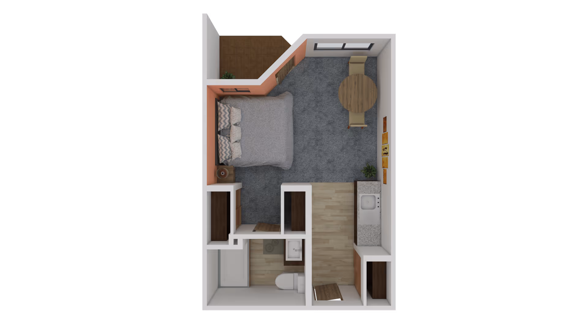 Top-down view of a small apartment floor plan showing a bedroom with a bed and nightstand, a dining area with a round table and two chairs, a kitchenette with a sink and countertop, and a bathroom with a toilet and shower.