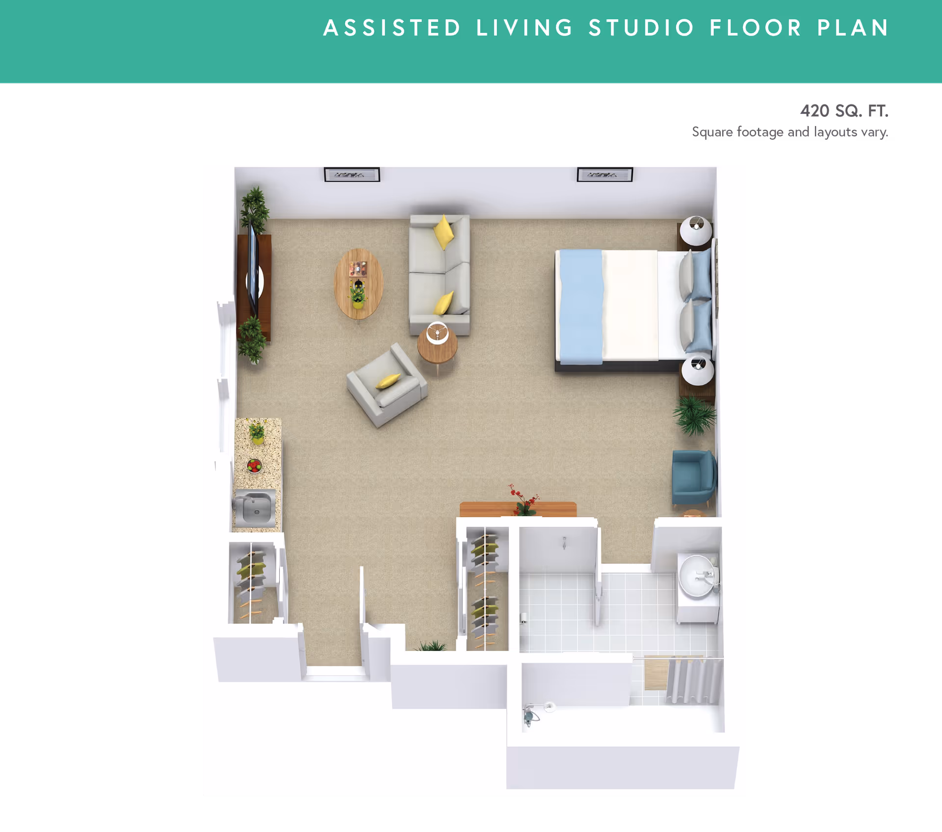 Top-down view of an assisted living studio floor plan showing a combined living and sleeping area with a bed, sofa, armchair, coffee table, side tables, and plants. There is a kitchenette with a sink and counter, two closets, and a bathroom with a sink, toilet, and shower.