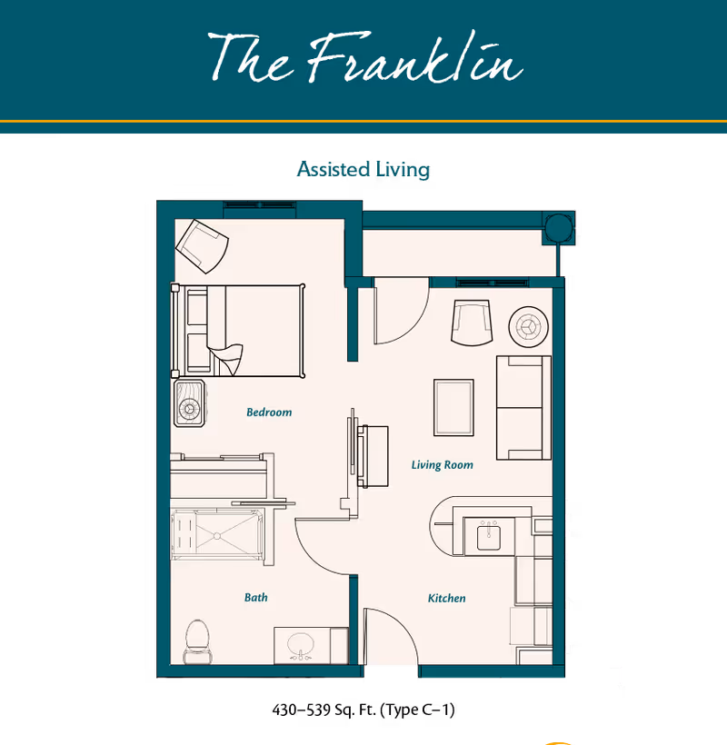 Floor plan of The Franklin assisted living unit showing a bedroom with a bed and chair, a bathroom with a toilet and sink, a living room with a sofa, chair, coffee table, and TV, and a kitchen with a sink and counter space.