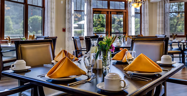 Elegantly set dining table with folded yellow napkins, glassware, and a small flower arrangement in a bright room with large windows.