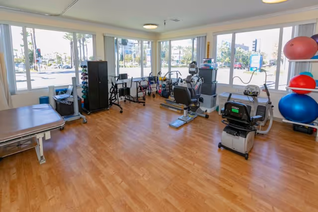 A bright room with large windows showing an outdoor view. The room has wooden flooring and contains various exercise and rehabilitation equipment including stationary bikes, exercise balls, weights, walkers, and a treatment table.