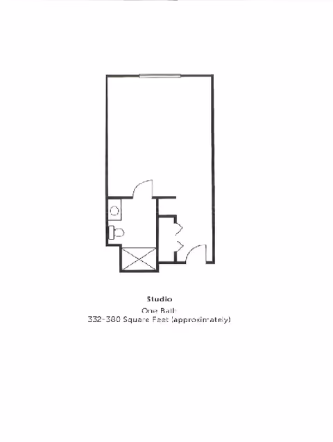 Floor plan of a studio apartment with one bathroom, showing an open living/sleeping area, a bathroom with toilet and shower, and an entry area with closet space. The total area is approximately 332-380 square feet.