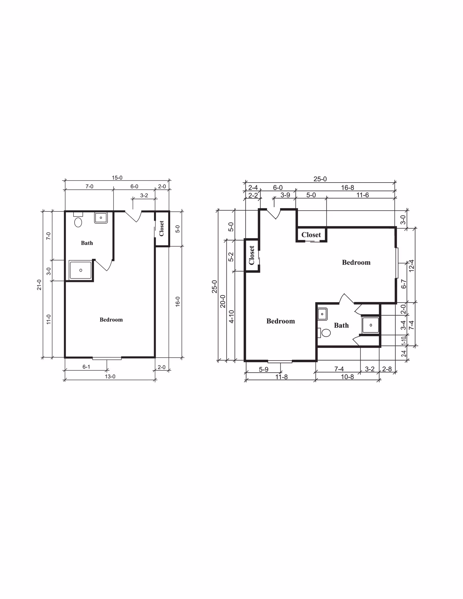 Architectural floor plan showing two layouts with bedrooms, bathrooms, and closets, including detailed measurements in feet and inches.