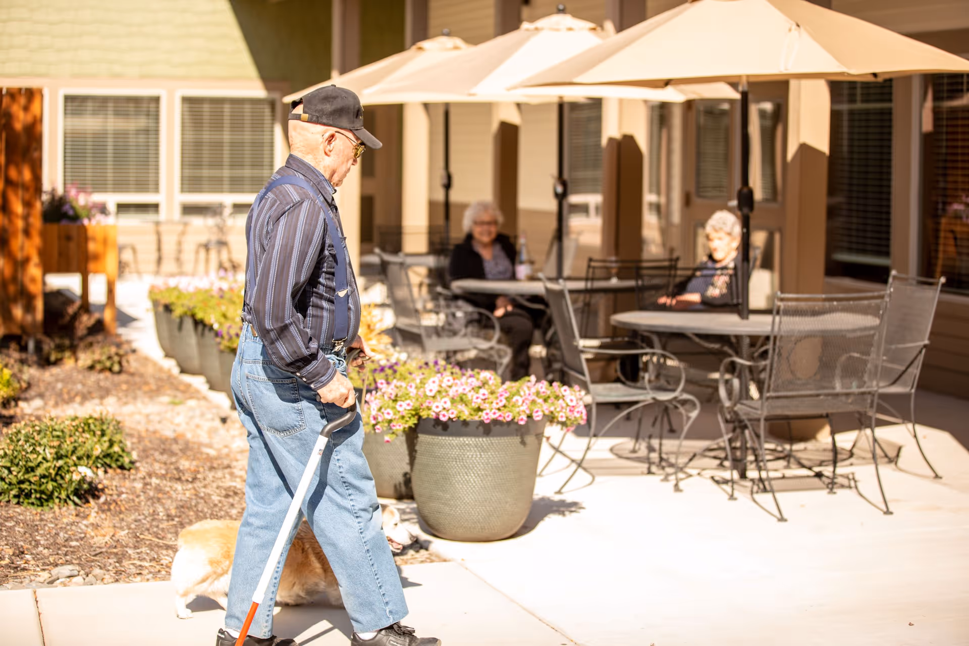 An elderly man wearing a black cap, striped shirt, and blue jeans walks with a cane on a sidewalk in an outdoor patio area of a retirement community. Two elderly women are seated at a round metal table under a large beige umbrella, with potted flowers and building windows in the background.