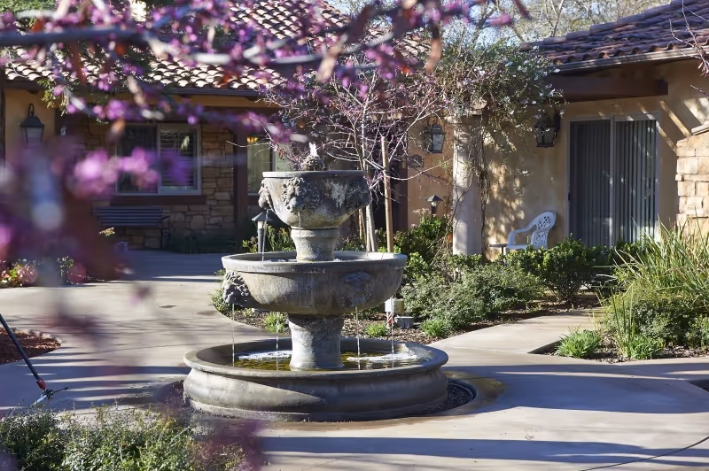 A three-tier stone fountain in a landscaped courtyard with purple flowering branches in the foreground and Mediterranean-style building facades in the background.