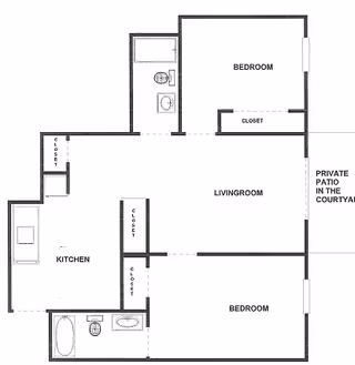Floor plan of a residential unit at Brandon Wood Retirement Center showing two bedrooms, a living room, a kitchen, two bathrooms, closets, and a private patio in the courtyard.