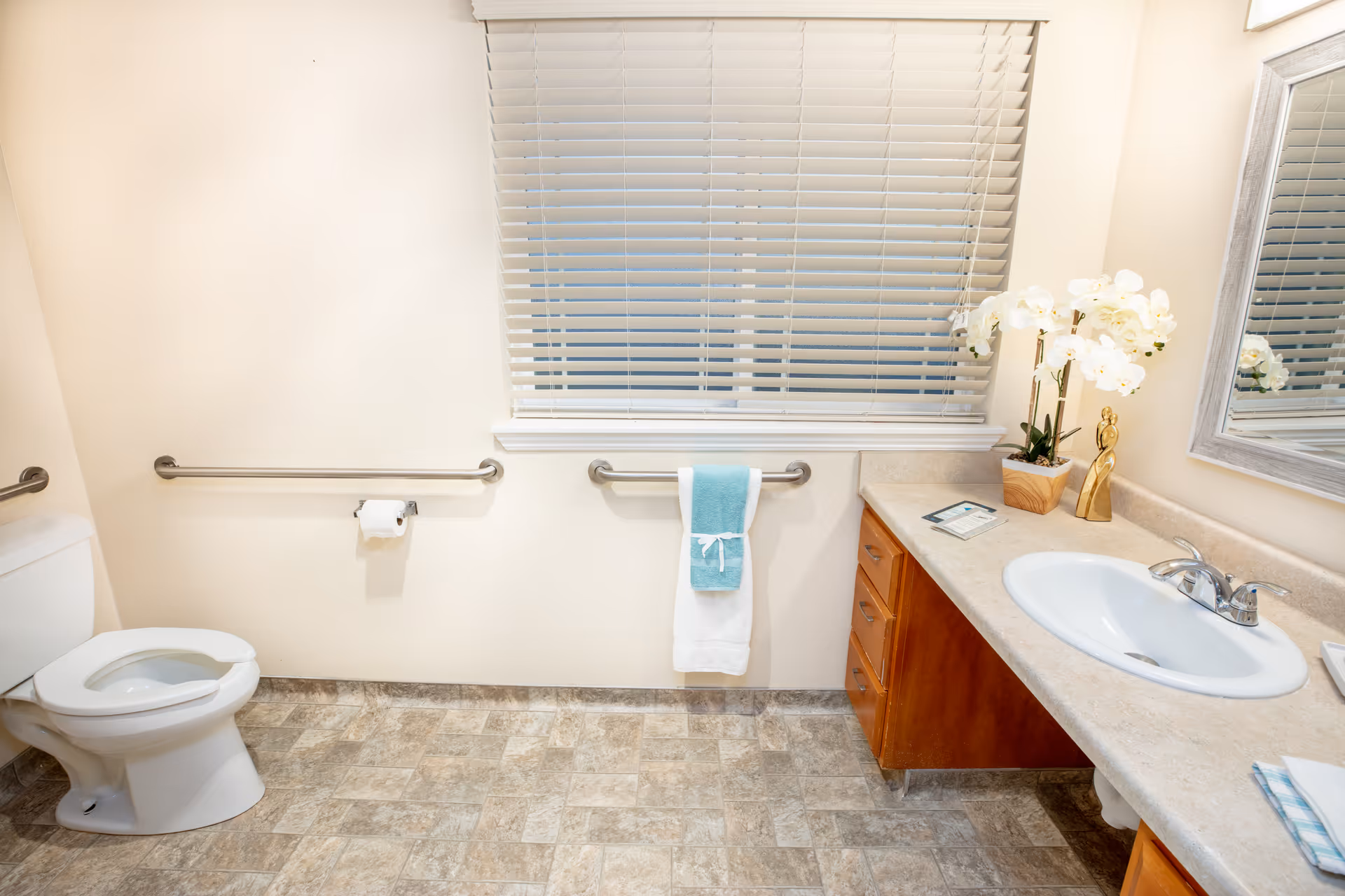 A clean and spacious bathroom with a white toilet on the left, grab bars on the walls, a window with closed blinds, and a countertop with a sink, a potted orchid plant, and a decorative figurine on the right.
