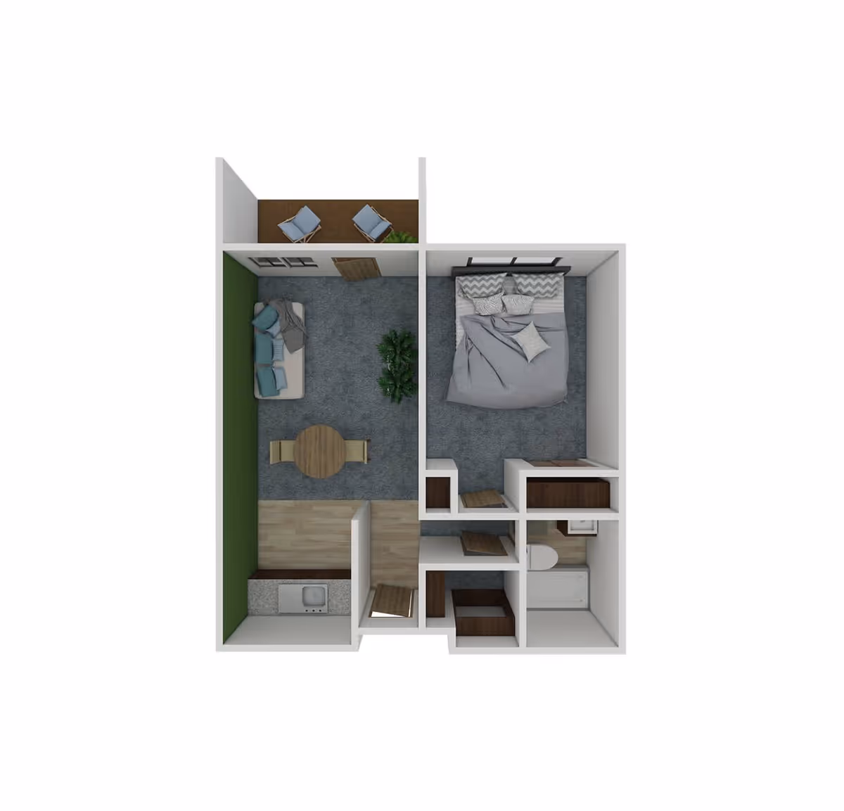 Top-down view of a one-bedroom apartment floor plan featuring a bedroom with a bed and pillows, a living room with a sofa, round dining table with chairs, a small kitchen area, a bathroom with a toilet and shower, and a small balcony with two chairs.