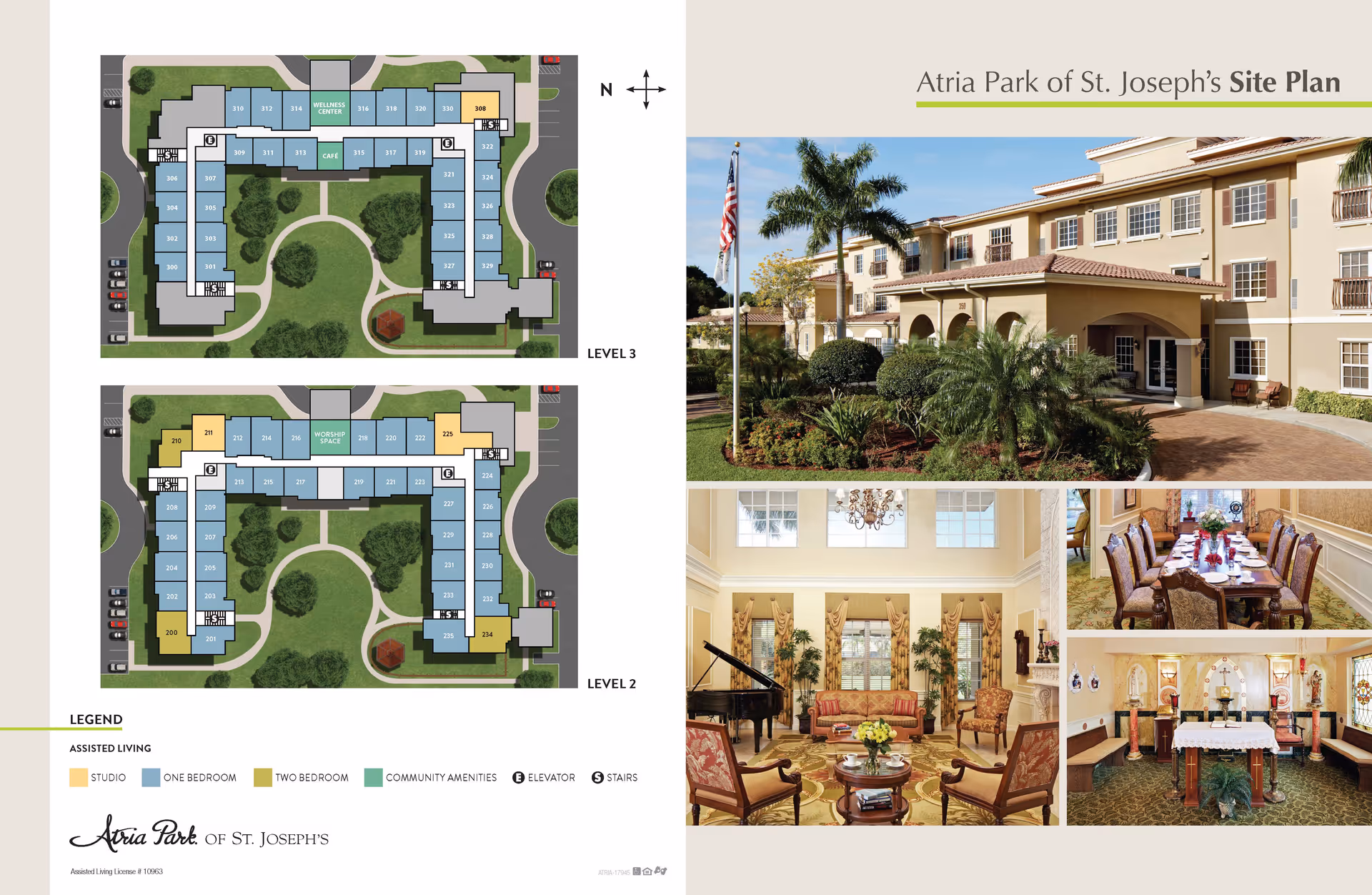 A collage image showing the site plan of Atria Park of St. Joseph's with floor layouts for Level 2 and Level 3 on the left side, and four photos on the right side including the exterior front view of the building with landscaping and palm trees, a living room with elegant furniture and a grand piano, a formal dining room set with a long table and chairs, and a chapel or worship space with an altar and religious decorations.